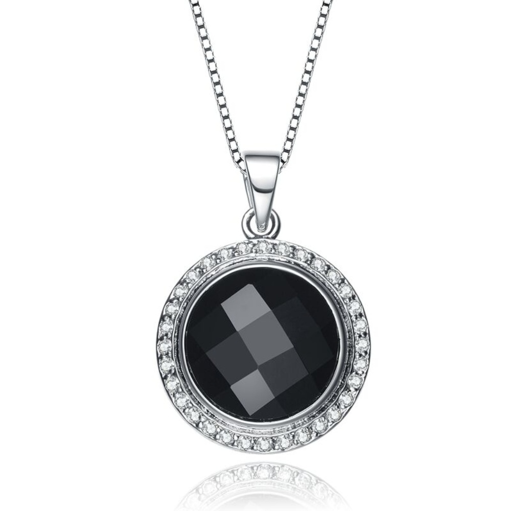 Black Agate Sterling Silver Pendant Necklace, CZ